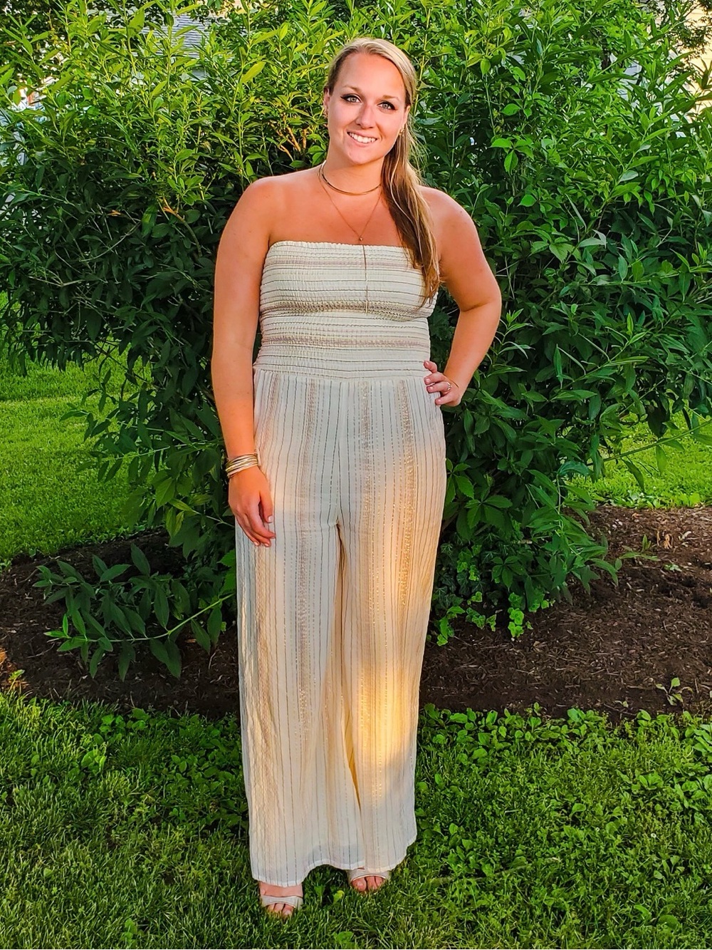 Altar'd State Cream & Beige Striped Strapless Jumpsuit